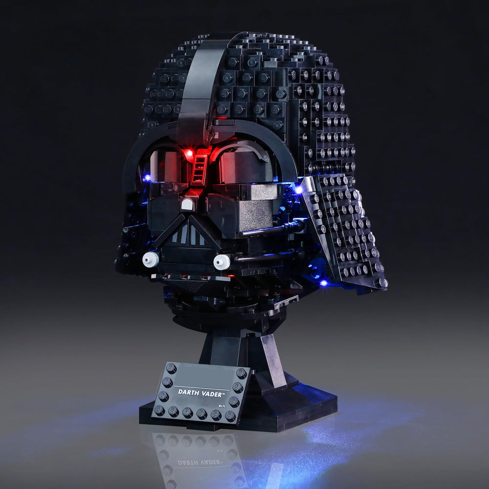 Mililier Darth Vader LED light kit illuminates the 75304 helmet for dramatic display.