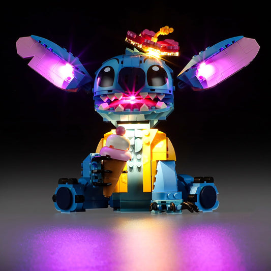 Mililier LED light kit for Lego Stitch set shows kit contents and setup in a clear display.