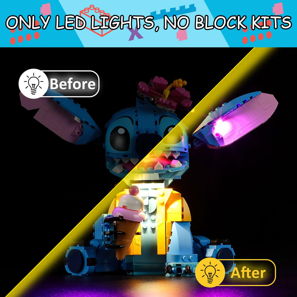 Mililier LED light kit for Lego Stitch set wiring hidden for a tidy build.