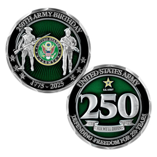 Military Gift Shop coin front view with Army emblem and 250 anniversary text.