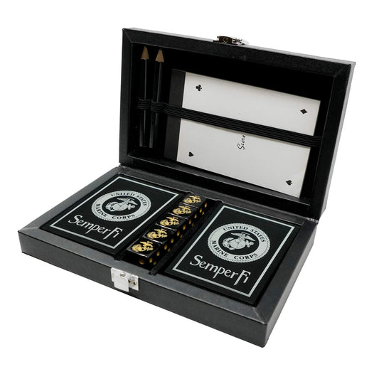 Military Gift Shop Marine Corps playing cards box offers premium leather storage and display
