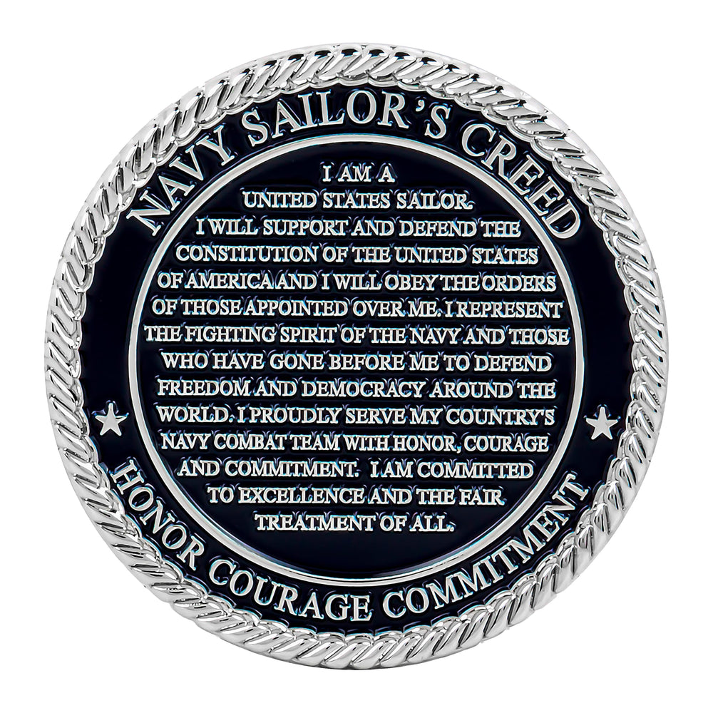 Military Gift Shop Sailors Creed coin closeup inscription emphasizing durability and detail.