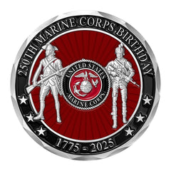 Military Gift Shop USMC 250th back depicts evolution of Marine with seal, ideal keepsake.