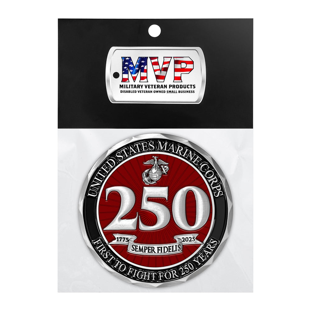 Military Gift Shop USMC 250th enamel detail with red and black accents.