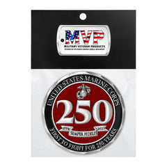 Military Gift Shop USMC 250th enamel detail with red and black accents.