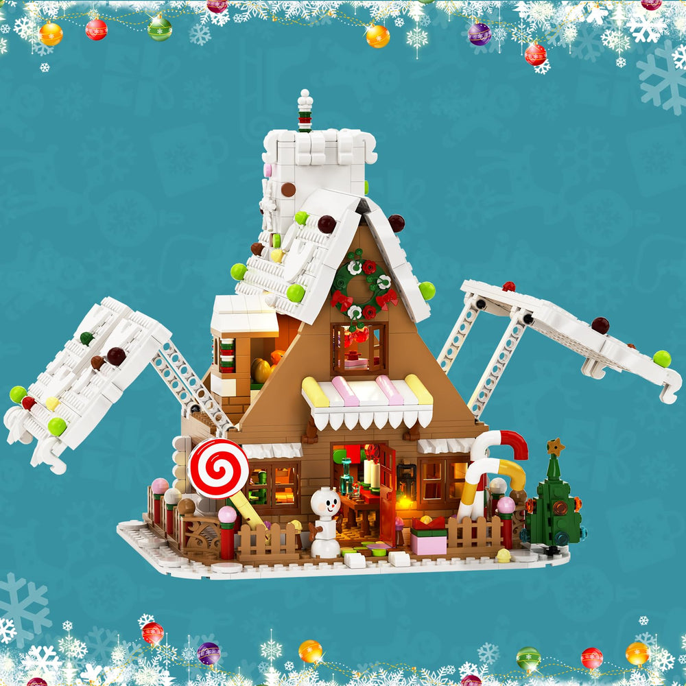 Millionspring gingerbread house with warm-light kit enhances Christmas Eve scenes.
