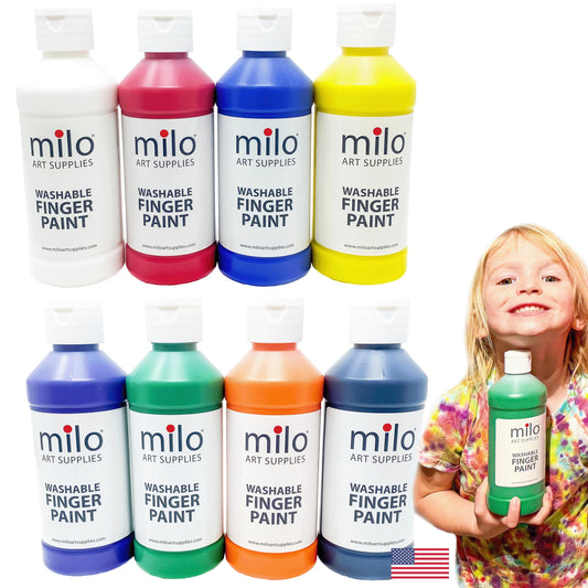 Milo finger paint set with 8 colors for vibrant kid art projects.