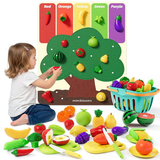 Mimiblooms play food set with cutting fruits for imaginative kitchen play.