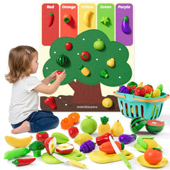 Mimiblooms play food set with cutting fruits for imaginative kitchen play.