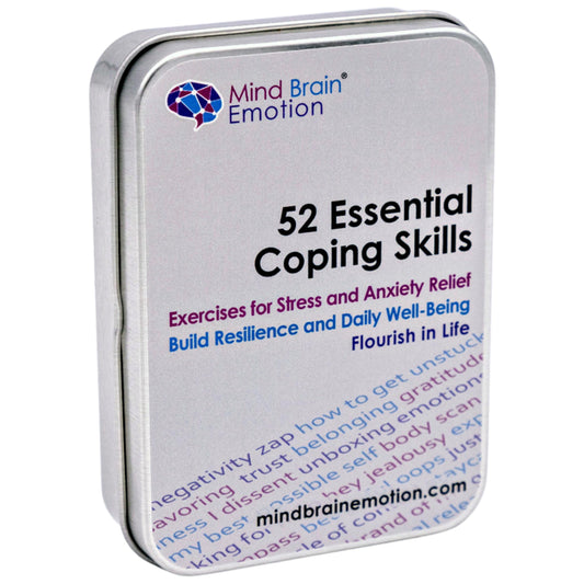 Mind Brain Emotion card deck cover showing portable coping skills for on-the-go stress relief.