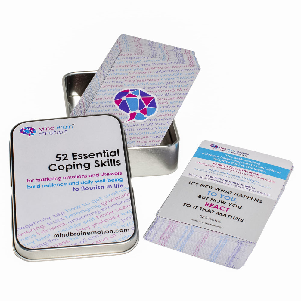 Mind Brain Emotion pocket-sized cards fitting easily in bags for ready practice.