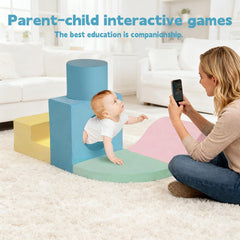MIND&ACTION colorful blocks used with a playpen to create a baby climbing gym.