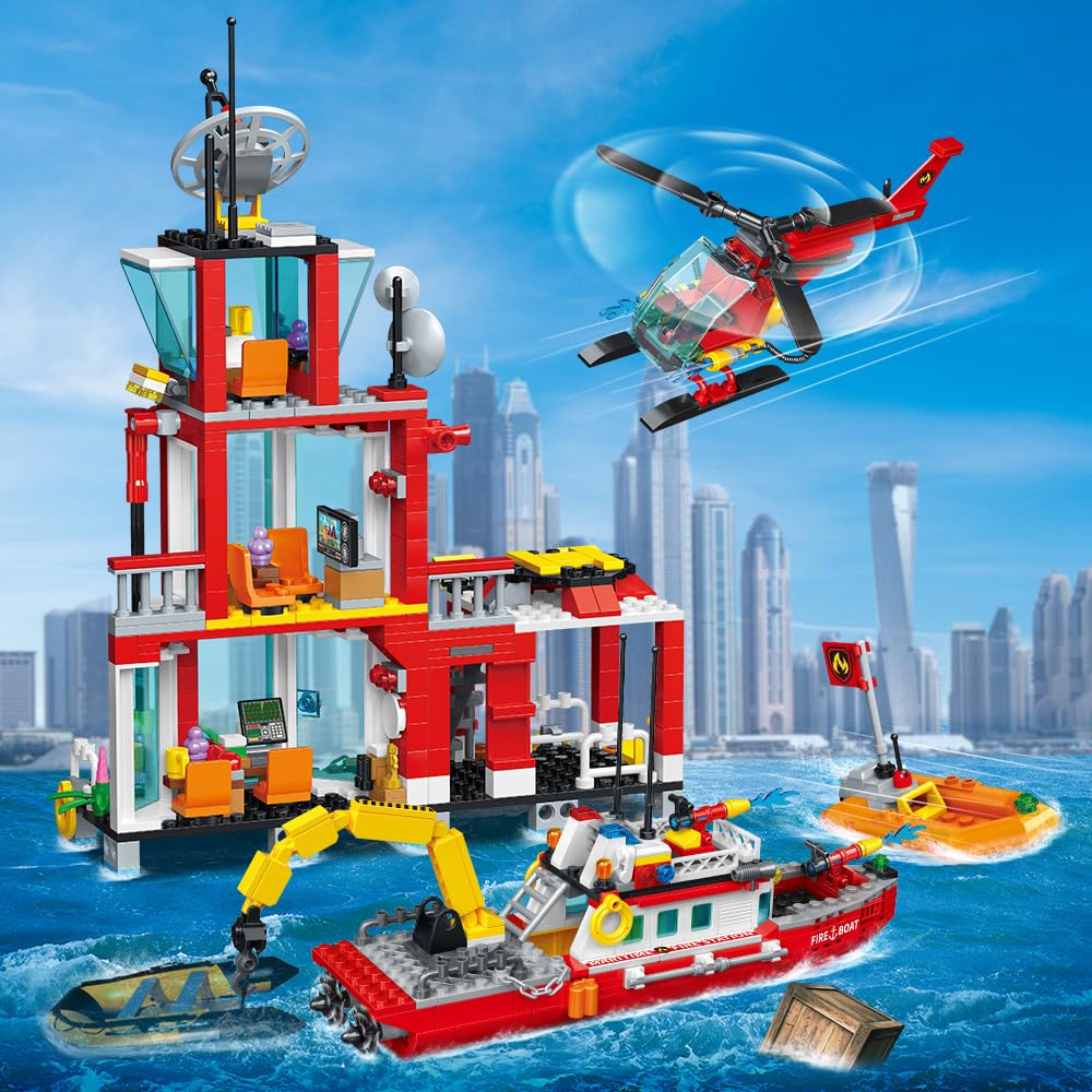 MindBox City Marine Fire Station building pieces arranged for construction