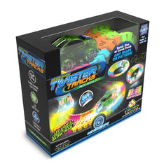 Mindscope Twister Tracks transparent light up green race car with five LEDs