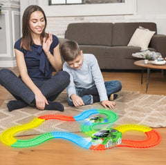 Mindscope Twister Tracks glow colors on track segments for vibrant nighttime play