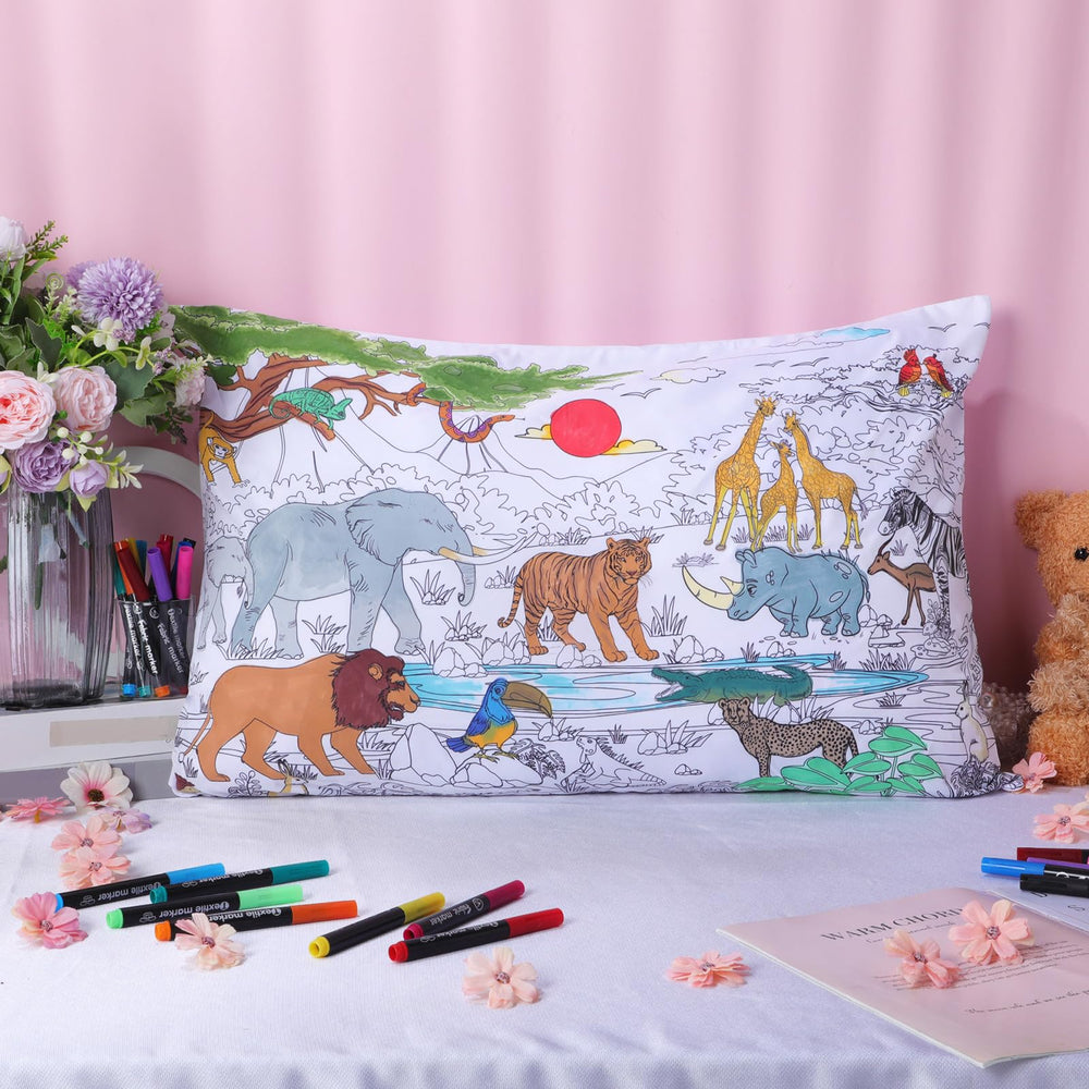 Mindsoft wild animals pillowcase encourages fine motor skills during coloring.