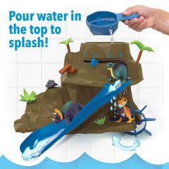 Color-changing dinosaur toy responds to warm water for enhanced bath play.
