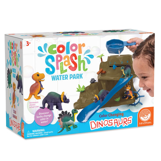 MindWare Color Splash dinosaur bath set attached to tub wall with secure suction cups.
