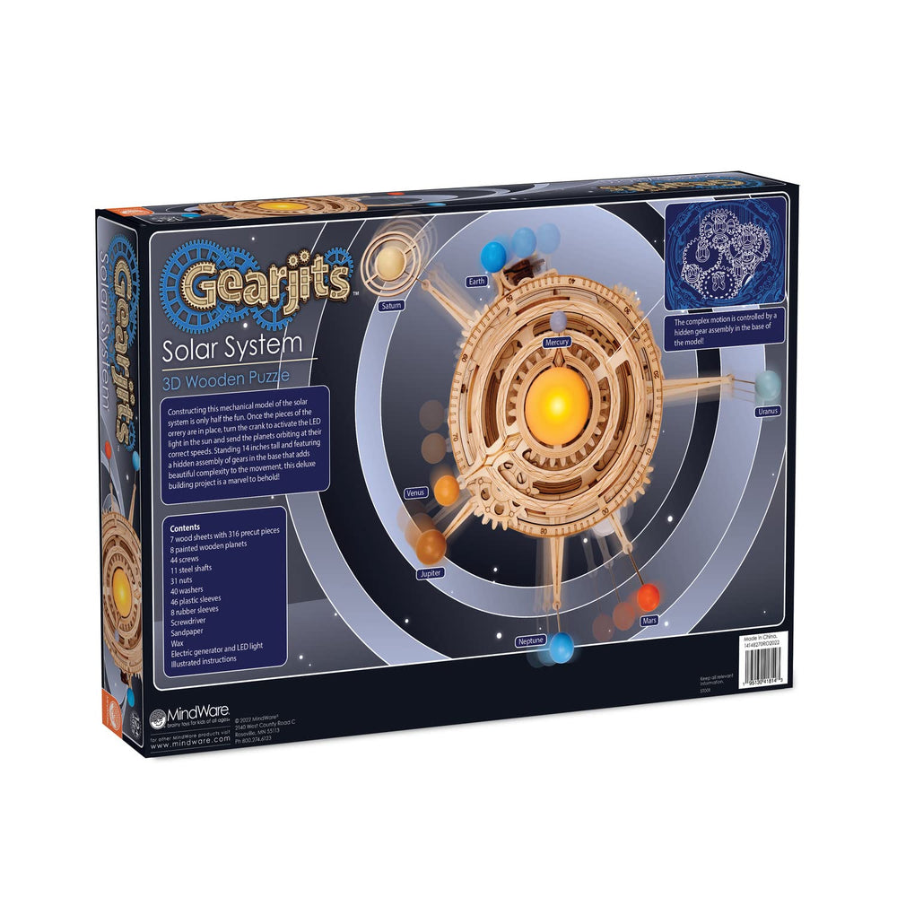 MindWare Gearjits crank activates LED sun for engaging planetary motion.