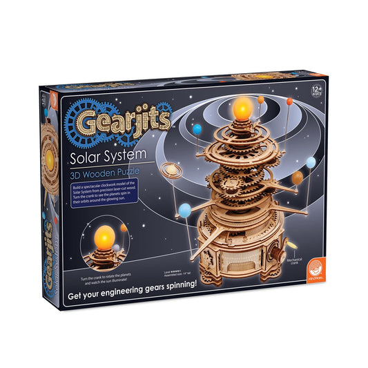 MindWare Gearjits wooden sheets for the solar system model ready for precise assembly.