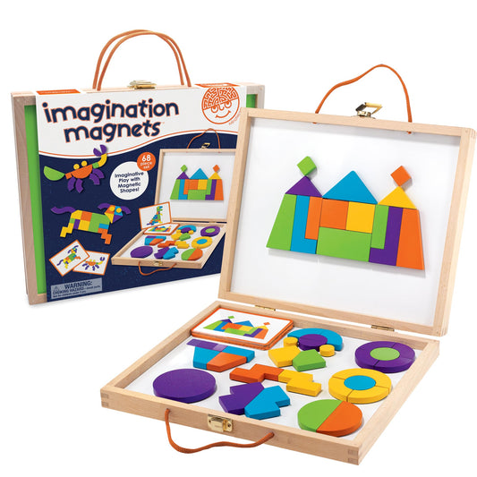 MindWare Imagination Magnets carrying case keeps blocks organized for on-the-go play.