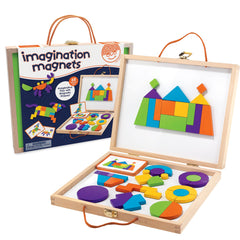 MindWare Imagination Magnets carrying case keeps blocks organized for on-the-go play.