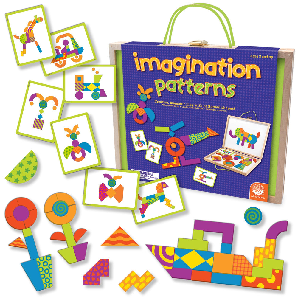 MindWare Imagination Patterns: wooden magnetic blocks on board fostering fine motor skills.