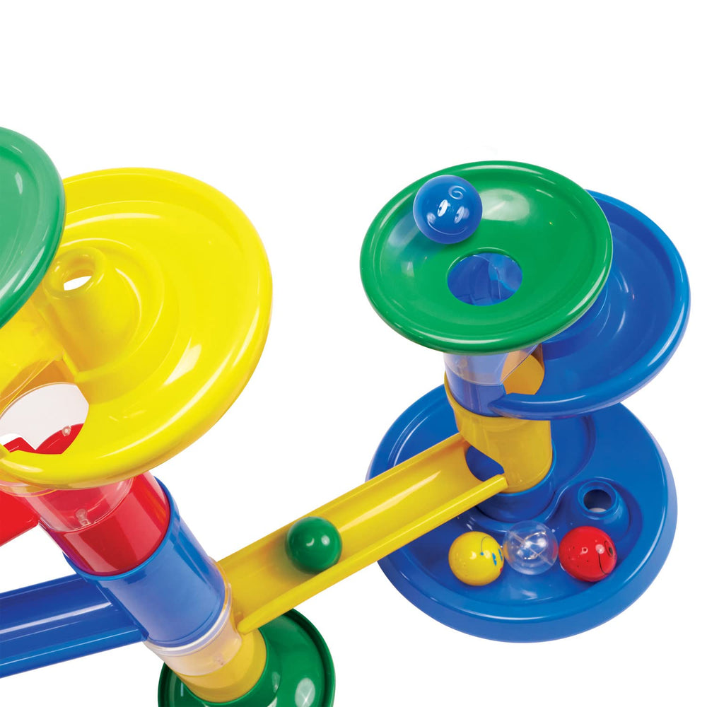 MindWare Junior Marble Run demo setup showing a complete marble path for kids.