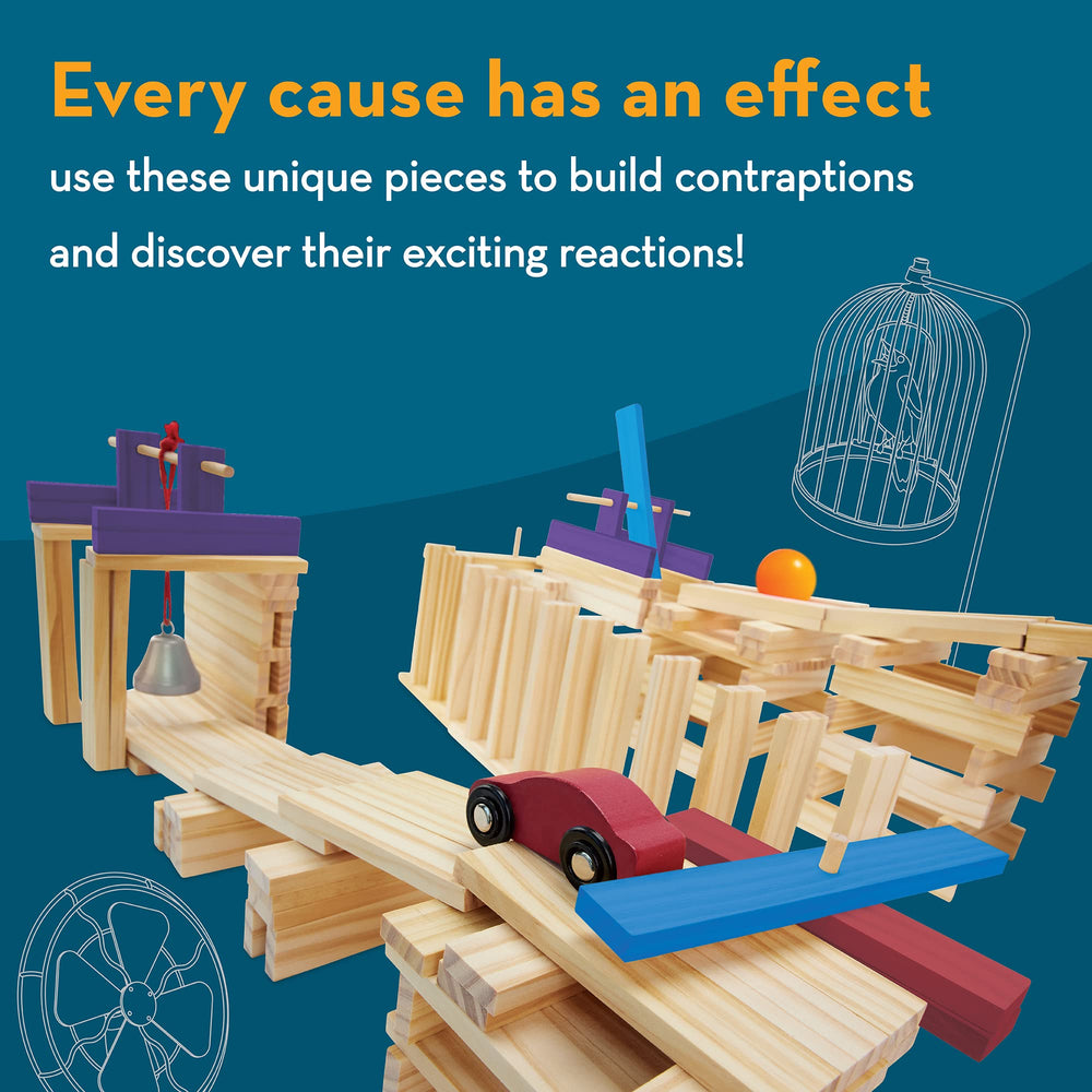 MindWare KEVA Contraptions dowels and bells provide interactive cues for experimentation.