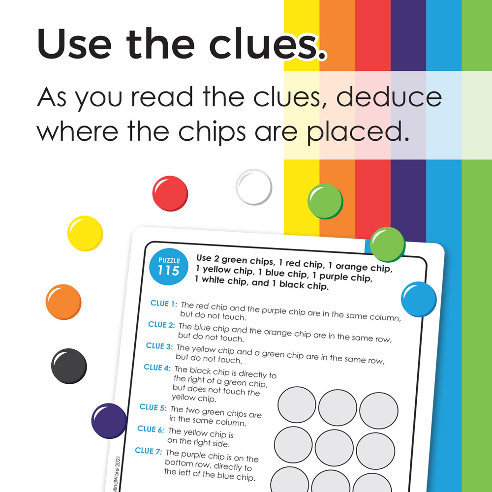 MindWare Logic Links puzzle grid with colored chips in play.