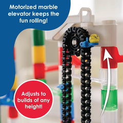 MindWare Marble Run spinner slide adds twists to the marble journey.