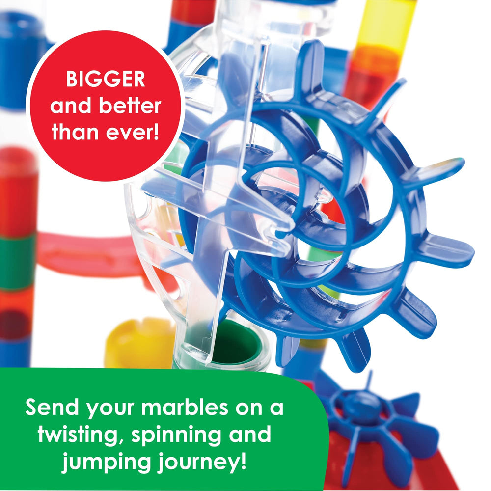 MindWare Mega Marble Run chutes-spinners action-filled pathway.