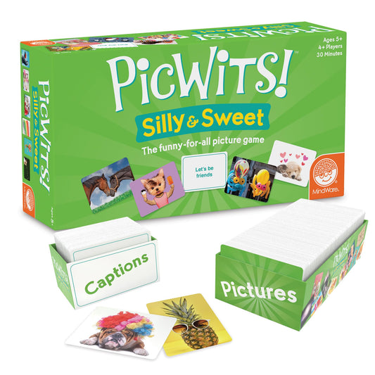 MindWare PicWits photo cards spark spontaneous laughter during family game night.
