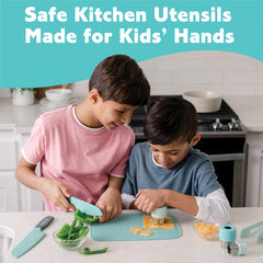 MindWare Playful Chef tongs and measuring spoons support easy, accurate prep.