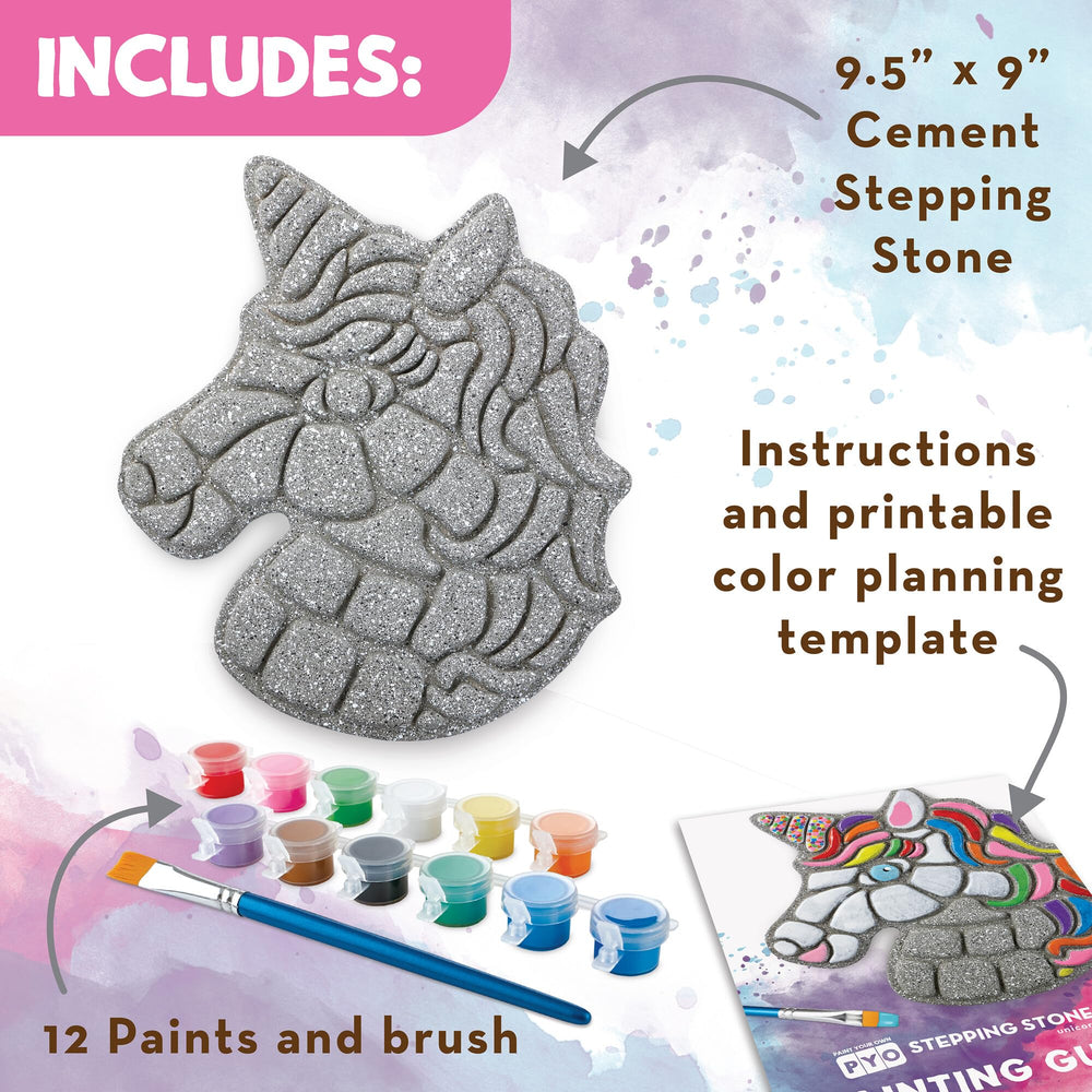 MindWare Paint Your Own Stepping Stone Unicorn with paint palette for color mixing.