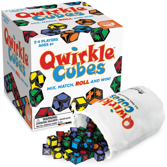 MindWare Qwirkle Cubes game play: colorful wooden tiles for strategic line-building