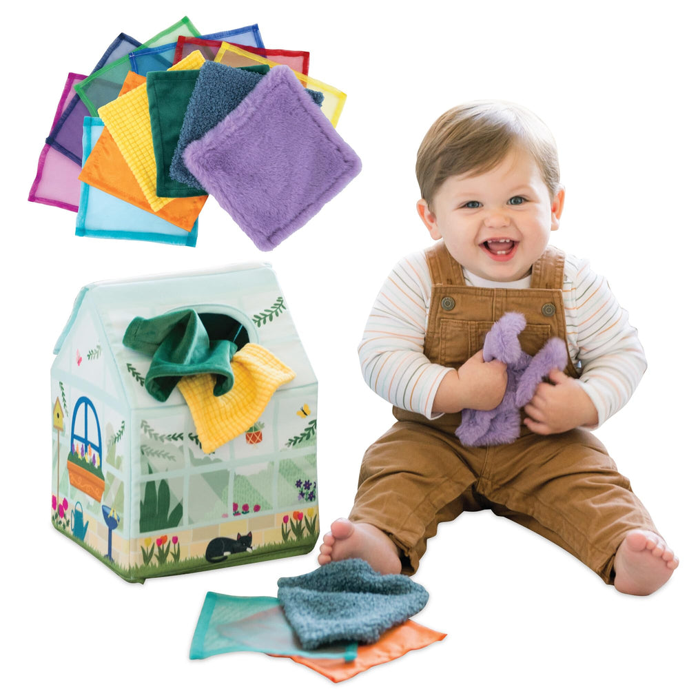 MindWare Sensory Sprouts greenhouse tissue box promotes tactile exploration for babies.