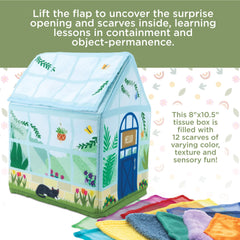 MindWare Sensory Sprouts scarves being pulled from a box showcase interactive play.