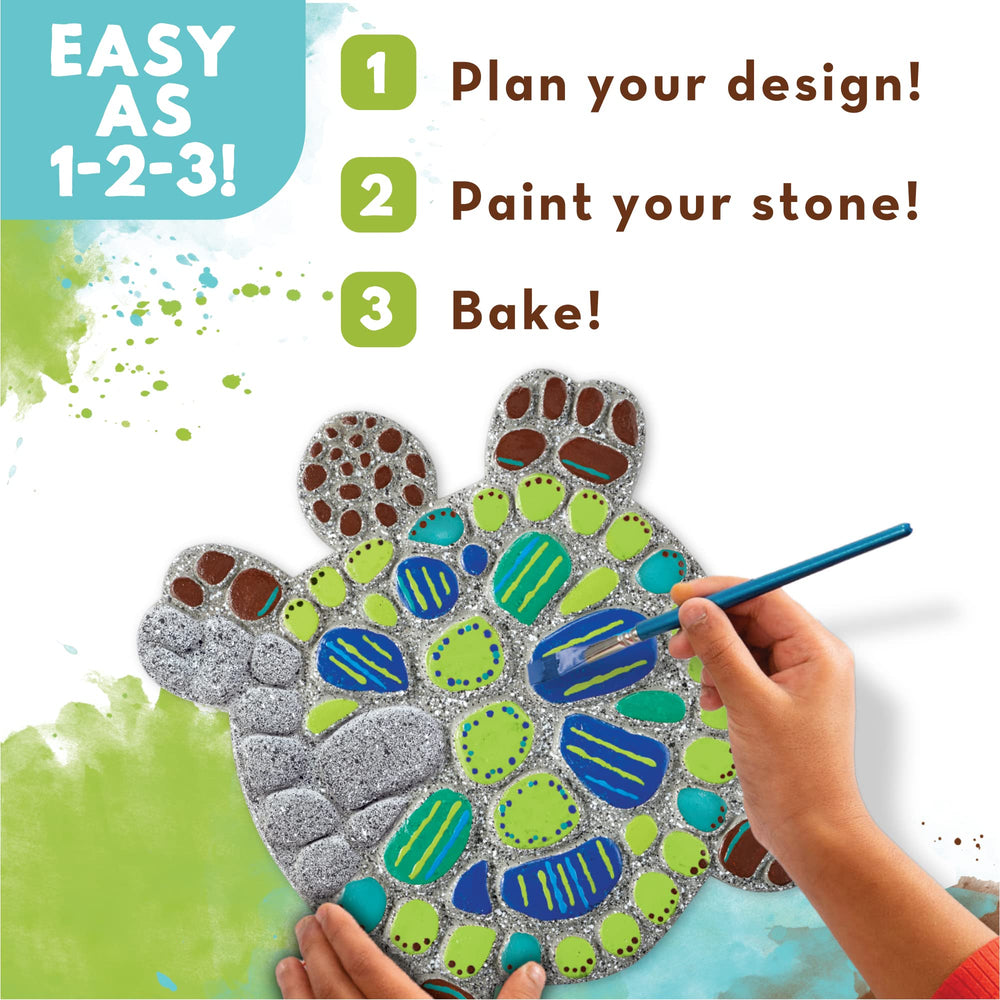 MindWare Turtle Stepping Stone Kit in use as child places painted stone in garden path.