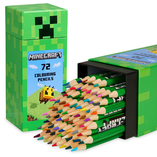 Minecraft Colouring Pencils Set 72 with Creeper design box for easy storage and novelty appeal.
