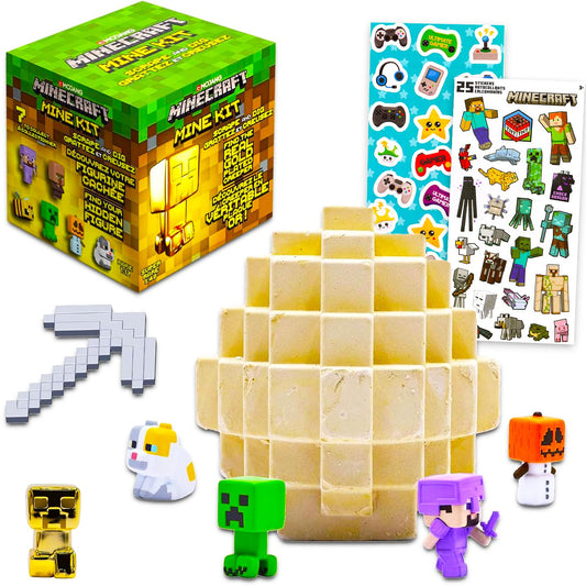 Minecraft Mine Kit box shows the gold creeper dig experience for kids