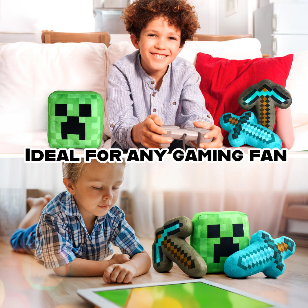 Minecraft Plush Set 3-pack displayed together for a gamer's desk