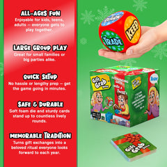 Holiday party scene featuring Gift Grab Game setup and players.