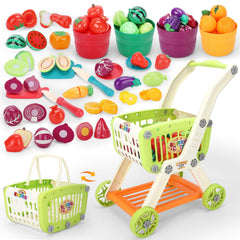 Ming You kids shopping cart with cutting play food set for imaginative learning.
