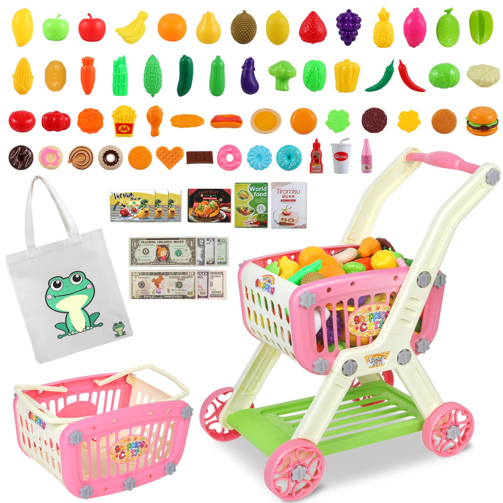 Ming You Kids Shopping Cart pink front view encourages imaginative shopping play and social interaction.