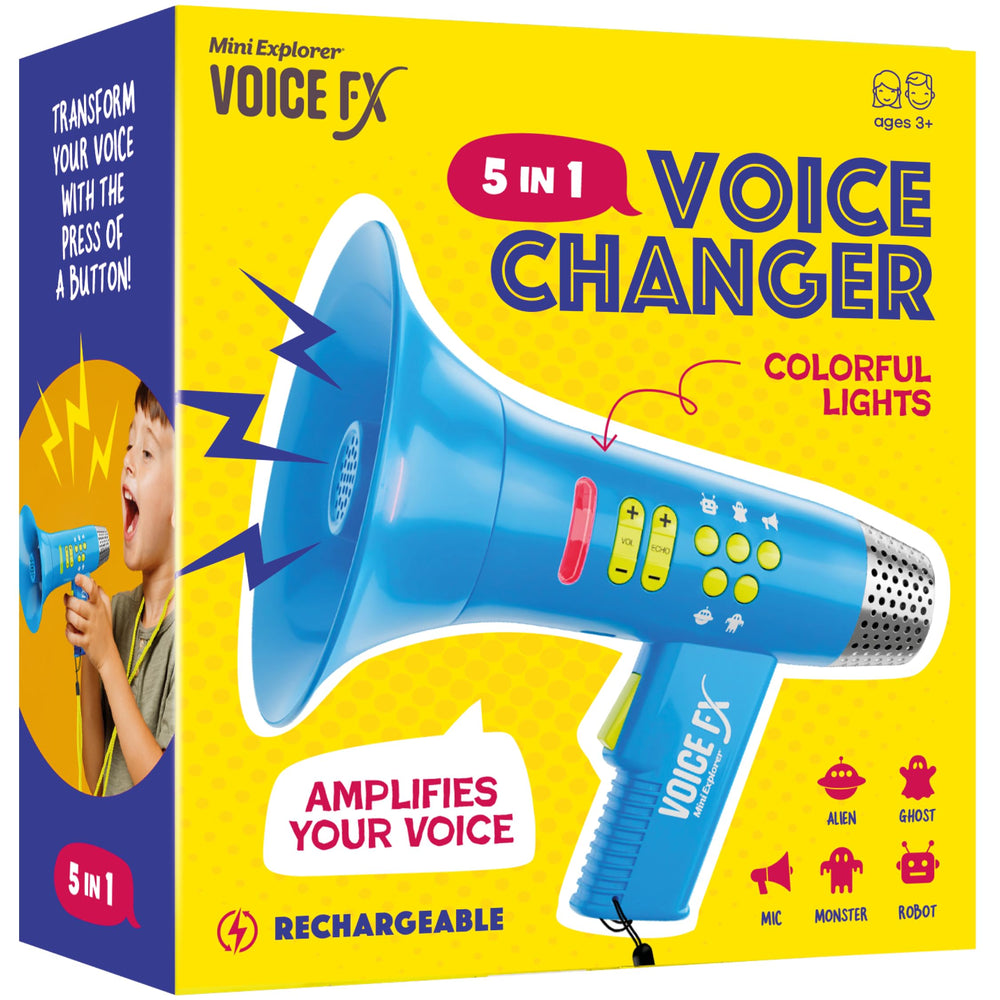 Mini Explorer voice changer in Alien mode with bright lights for imaginative play.