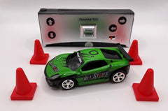 Mini RC 1:58 scale green car, side view, compact design for portable racing anywhere.