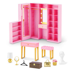 Light-up vanity mirror helps aspiring stylists prepare outfits.