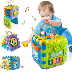 MiniFAIRY activity cube front face captures baby's attention with bright colors for early focus.