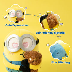 MINISO Minions bedtime snuggle plush in a cozy nursery setting.